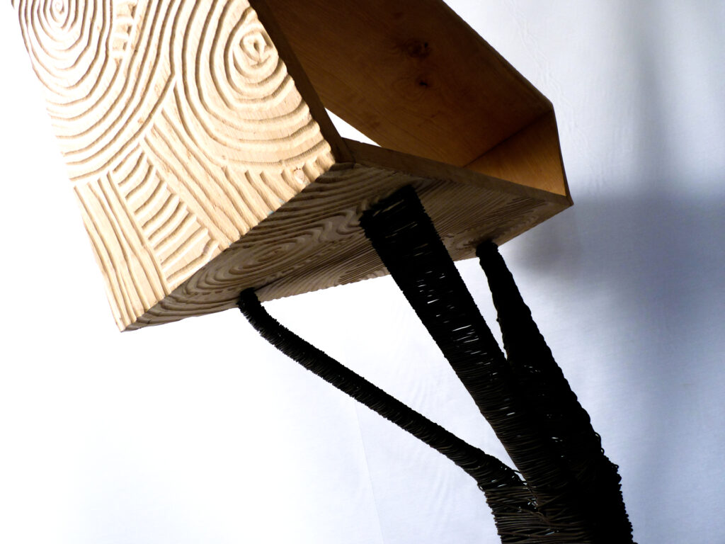 Parte de la colección embalaje de roble, la cual representa un tronco y la coipa es una caja de madera con patrones circulares